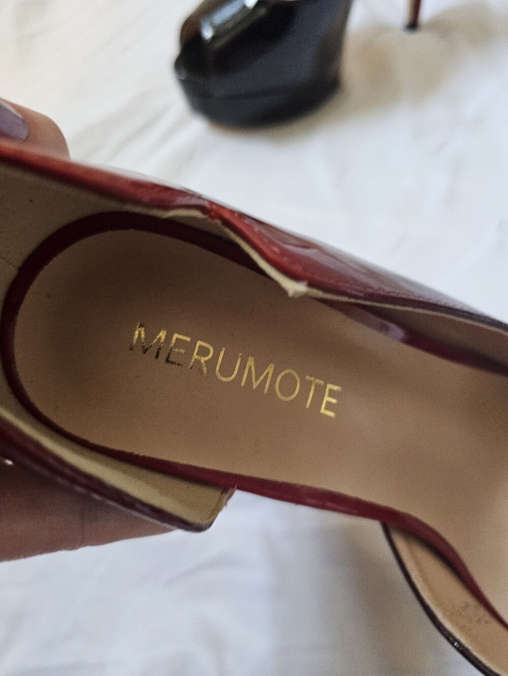 Merumote Size 6.5 Black Burgundy Patent Peep Toe Platform Stiletto Heels - Picture 10 of 11